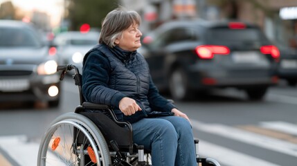 Obraz premium Elderly Woman in Wheelchair Navigating Busy City Street Pedestrian Crossing Safely