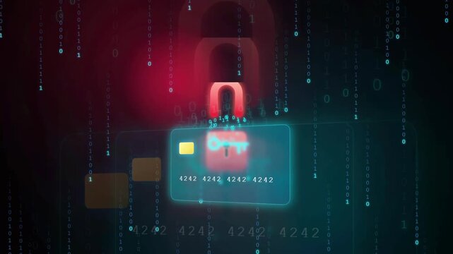 Digital security concept with glowing padlock locking and unlocking a virtual credit card on binary background