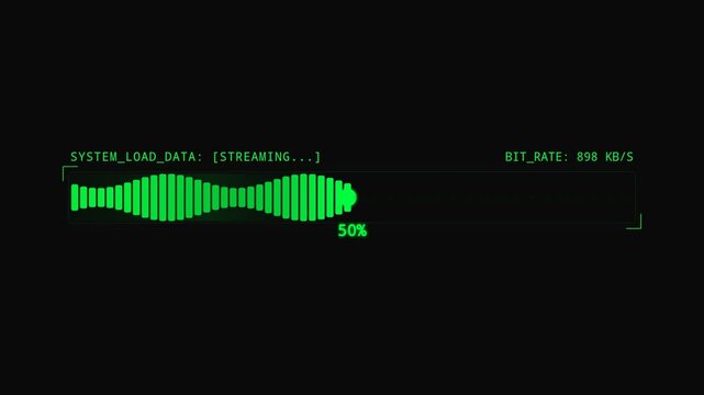 Futuristic digital data streaming progress bar with system load and bit rate metrics