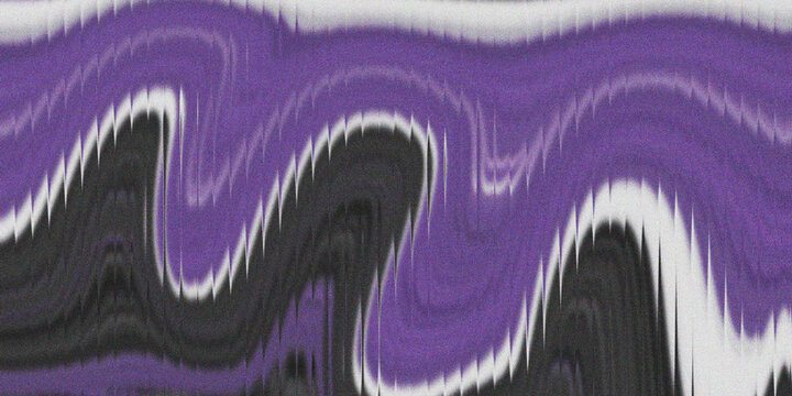 Distorted purple glitch background with sharp black and white vertical wave lines and retro television grain noise.