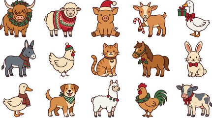 Naklejka premium Set of cute farm animals wearing festive winter accessories like scarves and hats for christmas holiday season design elements