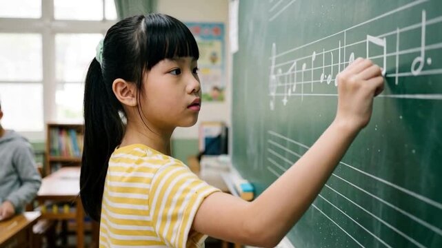 Cute Asian schoolgirl writing musical notes with chalk on blackboard in classroom, music education, elementary school and childhood learning.