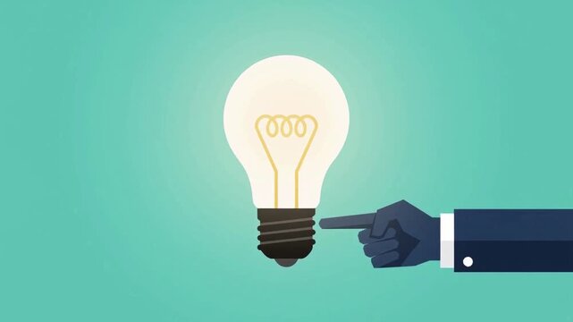Businessman hand pointing finger at light bulb on teal background, concept of triggering creative idea, solution and inspiration.