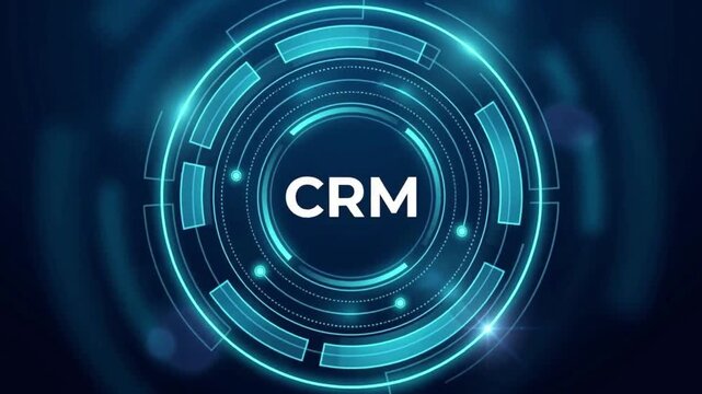 Futuristic hud interface interface with CRM text in center, customer relationship management, sales automation and digital business strategy.