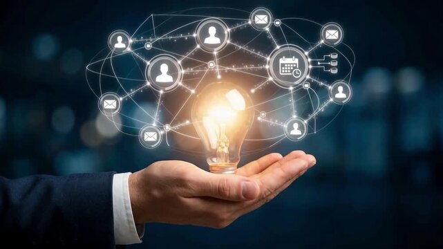 Hand holding glowing light bulb with digital people network for business team management, collaboration and innovation concept.