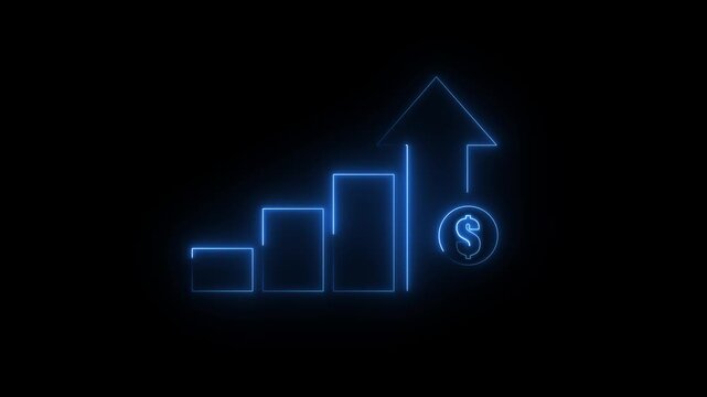 Abstract glowing blue color neon line animated graph and chart with dollar icon on black background