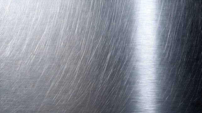 Full Frame High Angle Macro Shot of Scratched Brushed Metal Surface Texture with Bright Vertical Light Flare Reflection for Metallic Industrial Background