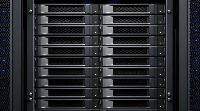 Server Storage Drives Aligned In Repeating Rows Inside Modern Data Center Enclosure For Enterprise Storage