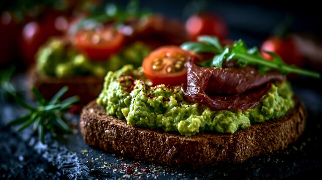 Avocado toast with cherry tomatoes and anchovies on dark rustic background