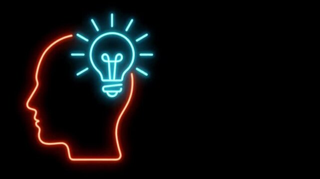 Neon light human head profile with glowing light bulb on black background, concept of inspiration, brainstorming and AI mind.