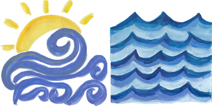 Sun Rising Over Ocean Waves and Sea Waves Illustration