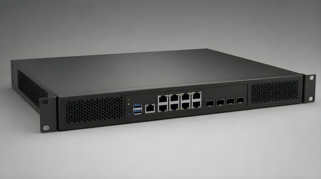 Digital Network Firewall Appliance With Multiple Connection Ports Ventilation Grilles And Secure Hardware Design Closeup