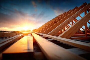 Plakat Wooden roof truss construction at sunrise, symbolizing new beginnings and home building