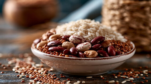 Assorted beans rice ancient grains in a ceramic bowl with mixed beans
