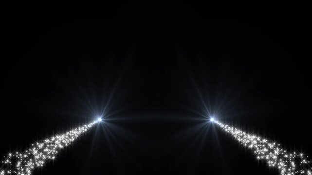 Two lines of magical twinkle white stars motionable burst opposite each other, magical glitter star brust animation, white twinkling star particles, black screen background 4k