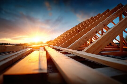 Wooden roof truss construction at sunrise, symbolizing new beginnings and home building