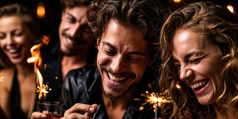 Fototapeta premium Joyful Friends Celebrating Together with Sparklers and Drinks at a Festive Evening Gathering