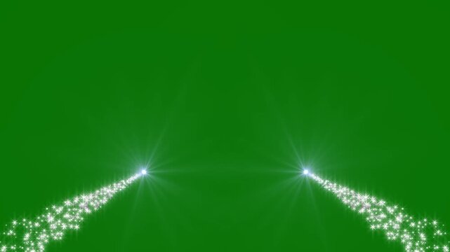 Two lines of magical twinkle white stars motionable burst opposite each other, magical glitter star brust animation, white twinkling star particles, green screen background 4k