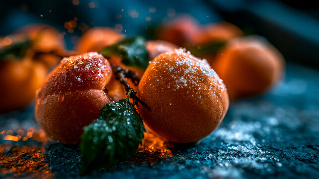 Fresh ripe apricots dusted with sugar and herbs on a dark surface ripe fruit sugared frui