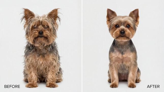 Dog grooming in animal shelter, creative anthropomorphic lifestyle scene exploring animal behavior, responsible care, companionship, wellbeing, humane values, education, modern lifestyle