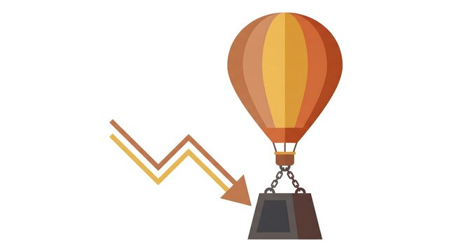 Flat illustration of a hot air balloon pulling weight near downward graph for economic concepts