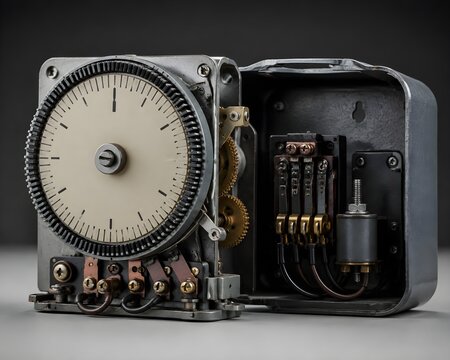 Vintage Industrial Timer With Large Mechanical Dial Exposed Gears Electrical Contacts And Metal Enclosure Hardware