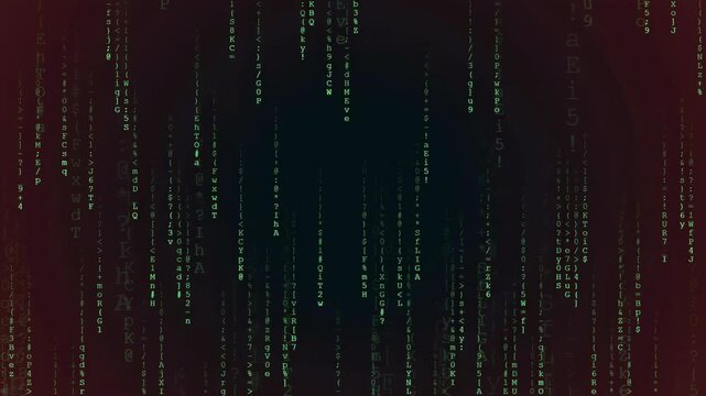Digital rain of green binary code falling over a dark red and black background