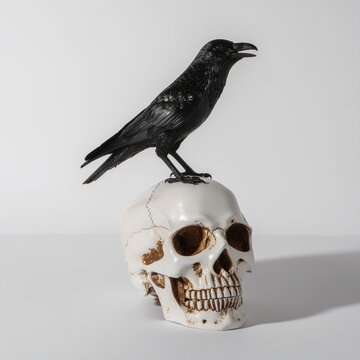 Studio shot of a black crow perched on a white human skull