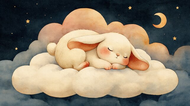 Adorable watercolor bunny peacefully sleeping on fluffy cloud under starry night sky with crescent moon