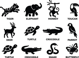 Naklejka premium Tropical Wild Animal and Jungle Insect Icon Set - Black Silhouettes on White