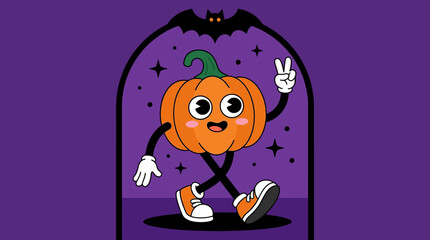 Vintage Cartoon Pumpkin Character Walking with Peace Sign, 1930s Rubberhose Style Halloween Illustration © Rnb