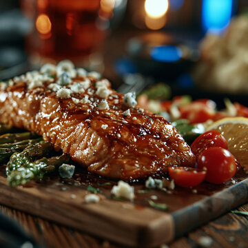 Glazed salmon fillet on wooden board with cherry tomatoes and cheese