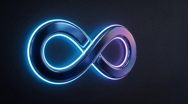 Metallic infinity symbol glowing with blue and purple neon light on dark textured background, symbolizing eternity, limitlessness, and endless possibilities