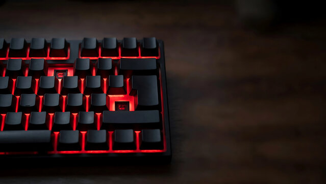 Black Mechanical Keyboard with Red LED Backlight and Missing Keycaps on Wooden Table
