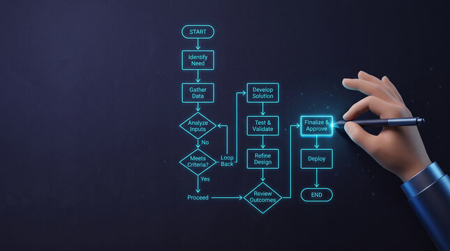 A digital flowchart illustrating a process from start to end, with a hand holding a stylus, symbolizing execution and decision-making.