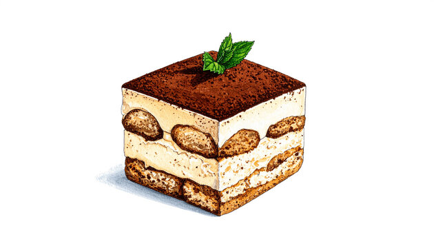 Italian Tiramisu Slice with Mascarpone and Cocoa Isolated on White Background