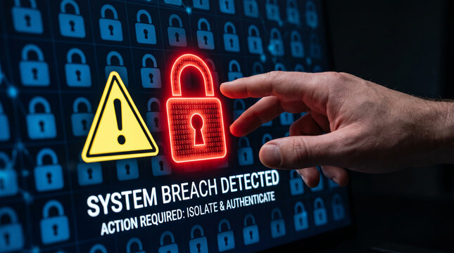 Digital screen displays a red glowing lock with binary code, indicating a system breach, symbolizing digital security threat and data protection.
