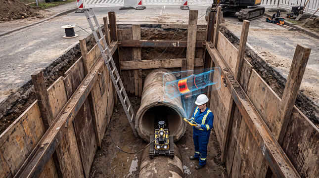 AIとロボットで下水管を点検する作業員、老朽化インフラのDX診断イメージ / Worker using an AI-powered inspection robot to diagnose a sewer pipe, DX-driven aging infrastructure inspection concept