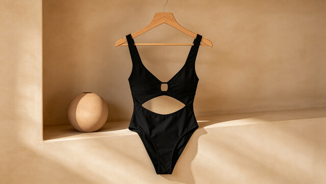 Black cutout monokini on wooden hanger with ceramic sphere, minimalist swimwear fashion concept