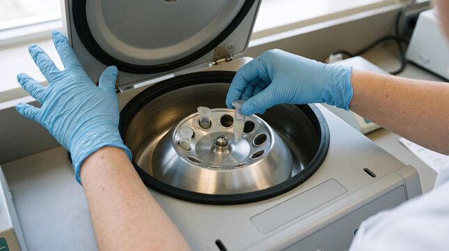 Scientist loading sample tube into laboratory centrifuge