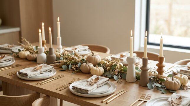 Thanksgiving table setting with roasted turkey centerpiece