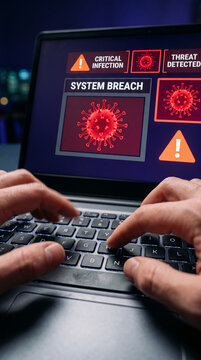 Computer screen displaying virus icons and warnings of critical infection and system breach, symbolizing cyber threat.