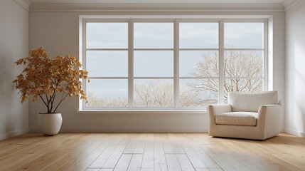 Fototapeta premium Minimalist bright room with armchair and plant overlooking a winter landscape through large windows