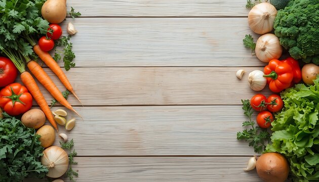Fresh vegetables organic produce border frame rustic wooden surface background.