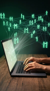 A digital network of interconnected human figures over a laptop, symbolizing connectivity, global communication, and modern business interaction, representative of digital society.