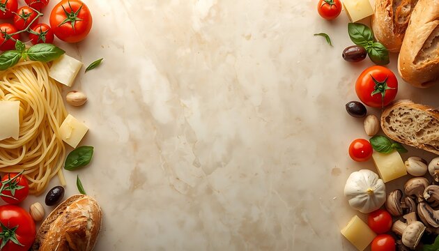 Italian food frame featuring pasta tomatoes bread and herbs for menu design.