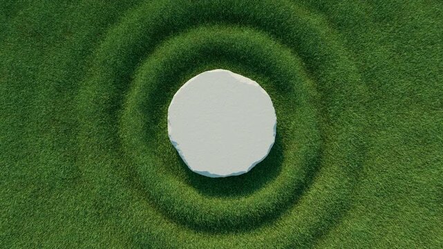 3D animation of green grass and with concentric waves. Eco-friendly natural pedestal for cosmetic presentation. 3d rendering not AI