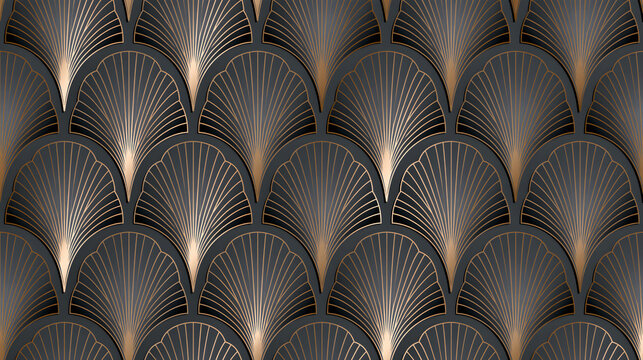 Seamless art deco luxury pattern featuring repeated golden fan shapes on dark grey background for elegant vintage wall design paper concept