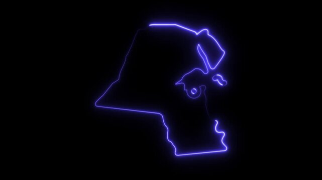 Kuwait map outline neon glowing light animation, digital middle east geography concept