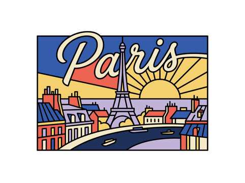 Retro Paris Travel Poster with Eiffel Tower, Seine River, Colorful City Rooftops and Sunset, Vintage French Illustration